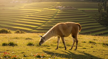 Llama grazing in terraced landscape