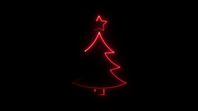 Neon Christmas tree with star, glowing icon. Neon New Year tree silhouette, outline Christmas tree in vivid colors.