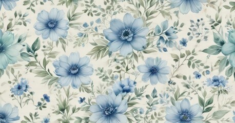 Subtle blue and green watercolor flowers on a creamy white, delicate floral repeat pattern , beautiful, green, aesthetic