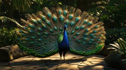 Obraz premium Peacock displaying iridescent tail feathers in full fan, standing on stone path with tropical foliage around