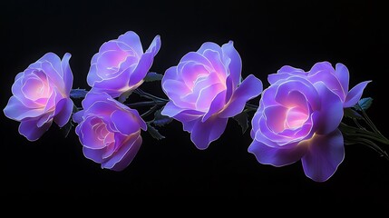 Electric lavender roses with radiant stems and glowing petal edges, arranged in an elegant arc over pure black