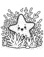 Naklejka premium Coloring book starfish hiding amongst vibrant coral and seaweed