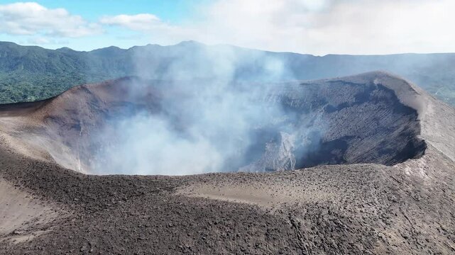Hot Smoke Coming From The Crater Of Mount Yasur, Vanuatu - Drone Shot