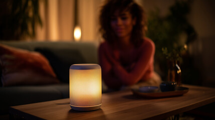 Smart speaker glowing in a cozy living room while a woman enjoys ambient lighting and voice-controlled technology