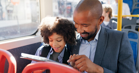 Travel, tablet and child with father in bus for morning commute, journey or trip to school...