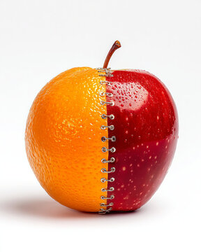 Naklejki An unusual fusion of a citrus orange and a juicy apple, symbolizing the union of different elements or the comparison between two distinct things. Ideal for concepts of creativity, innovation and uniq
