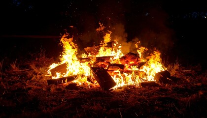 Obraz premium Fiery bonfire burning brightly at night. Perfect for illustrating warmth, camping, or celebration themes.