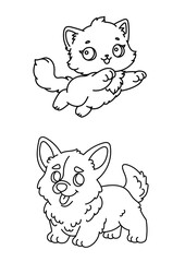 Jumping Kitten and Sitting Puppy Coloring Page – Cute Line Art Printable for Kids, Preschool, and Kindergarten Activities