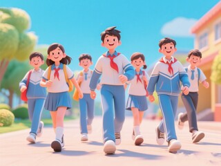 Fototapeta premium Group of students in uniforms walking together on a sunny day