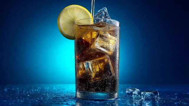 Close up view of a refreshing cola drink with ice cubes and a lemon wedge in a tall glass against a vibrant blue background. Water droplets are visible on the surface.