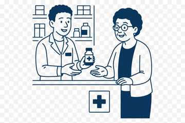 illustration of A pharmacist handing medicine to a senior woman at a counter