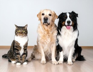 Adorable Golden Retriever, Australian Shepherd, and tabby cat sitting together.  Perfect for pet, animal, and friendship themes.