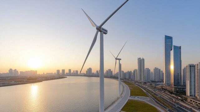 Wind Turbines and Modern Cityscape at Sunset, South Korea wind turbines renewable energy cityscape
