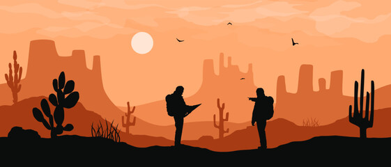 Beautiful flat vector western desert landscape with hikers, rock formations and cactuses in orange colors.