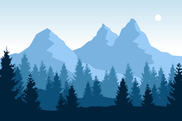 Fototapeta premium Beautiful vector forested landscape with iconic mountains in blue colors.