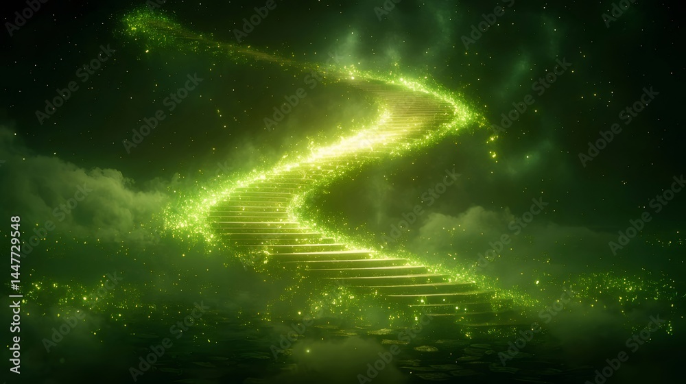 Poster 緑の光る階段が雲海を昇る幻想的な風景 輝く粒子が神秘的な世界観を表現