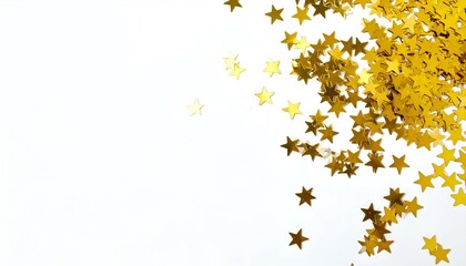 Obraz premium Golden stars confetti scattered on white background. Perfect for festive designs, cards, invitations, and more.