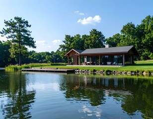 Obraz premium Modern lake house with large windows, wooden exterior, and private dock. Tranquil lakeside scenery with lush greenery and clear sky.