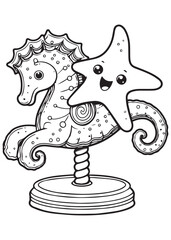 Coloring book starfish and seahorse carousel. A charming marine education coloring 