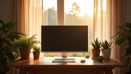 Fototapeta premium Serene Workspace: A bright and airy workspace bathed in natural sunlight, featuring a computer monitor, indoor plants, and a wooden desk, fostering productivity and a connection with nature.