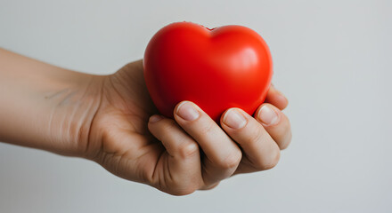 Fototapeta premium Close Up of a Hand Holding a Red Heart Shape Object Against a White Background in a Smooth Texture