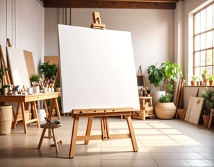 Blank canvas on wooden easel in sunlit artist's studio.  Perfect for showcasing artwork, designs, or announcements.