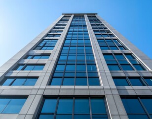 Obraz premium Low-angle view of a modern glass skyscraper against a clear blue sky. Ideal for corporate, architectural, and urban themes.