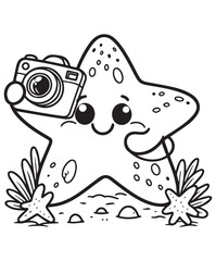Coloring book starfish taking a photo with a camera. A charming marine scene