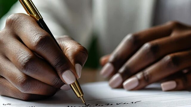 Elegant calligraphy: graceful handwriting with gold pen in action