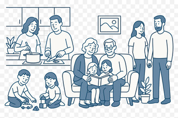 line art illustration of a family enjoying time together at home