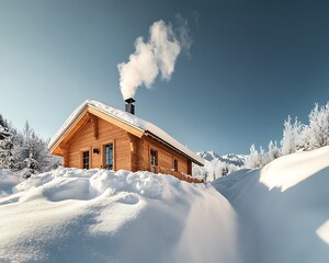 A charming wooden cabin surrounded by deep snow with smoke rising from the chimney under a clear winter sky.