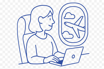 Line Art Illustration of a Traveler Looking Out of an Airplane Window
