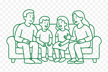 line art, parents and kids around a table doing homework, books and pencils, supportive,