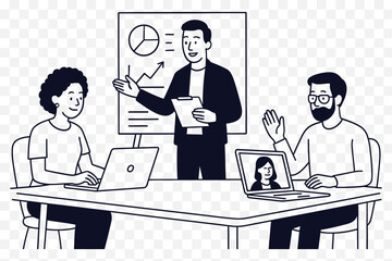 Minimalist Line Art Illustration of a Diverse Team Working Together in a Modern Office