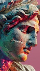 Beautiful ancient sculpture with colorful highlights showcasing fine details of facial features