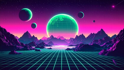 Retro Pixel Art Sci Fi Landscape With Neon Grid And Celestial Bodies
