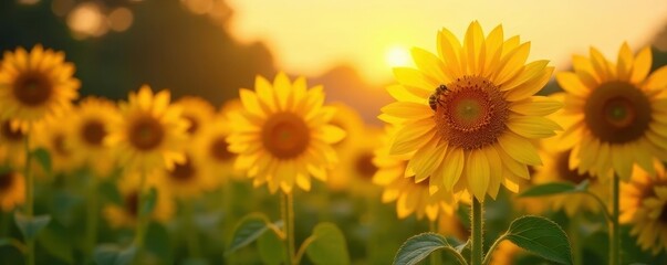 Fototapeta premium Golden hour sunlight bathes buzzing bees on sunflowers , macro, nature