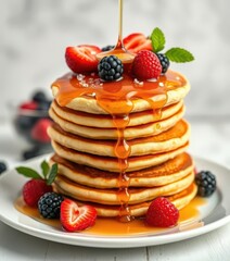 High stack fluffy pancakes, maple syrup, fresh berries, maple syrup, instafood, comfortfood
