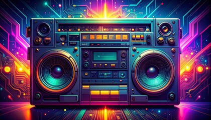 Fototapeta premium Retro Portable Audio System Pixel Art Neon Lights Synthwave Style