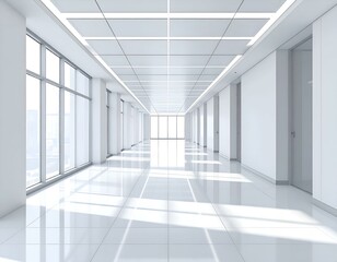 Modern, bright white office hallway with large windows and sunlight streaming through.  Perfect for corporate, clean, minimalist design concepts.