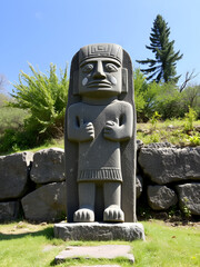 Ancient stone idol representing cultural heritage and traditional pagan worship amidst natural surroundings