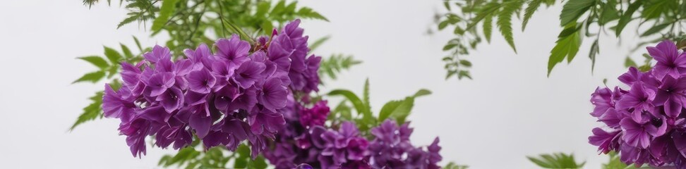 Vibrant purple blooms, lush green foliage, white backdrop, texture, graphic, wallpaper