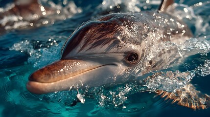 Fototapeta premium Close-up of dolphin smiling in clear ocean water