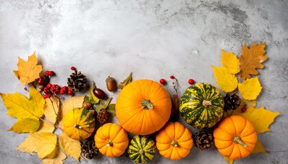 Autumnal still life with pumpkins, gourds, leaves, pine cones, acorns, and berries on a gray background.  Perfect for Thanksgiving, fall harvest, and autumn themes.