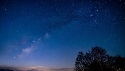 Majestic night sky with the Milky Way galaxy visible above a dark silhouette of trees.  Perfect for backgrounds, posters, and more.