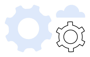 Two illustrated gear graphics and a cloud shape representing collaboration, innovation, technology integration, teamwork, productivity, process improvement, and simple landing page