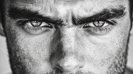 Naklejka premium Half of a man's face with a serious expression in black and white