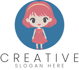 Adorable Cartoon Girl Cute Red Dress Design Logo Branding Childish pink hair icon flat icon anime   
