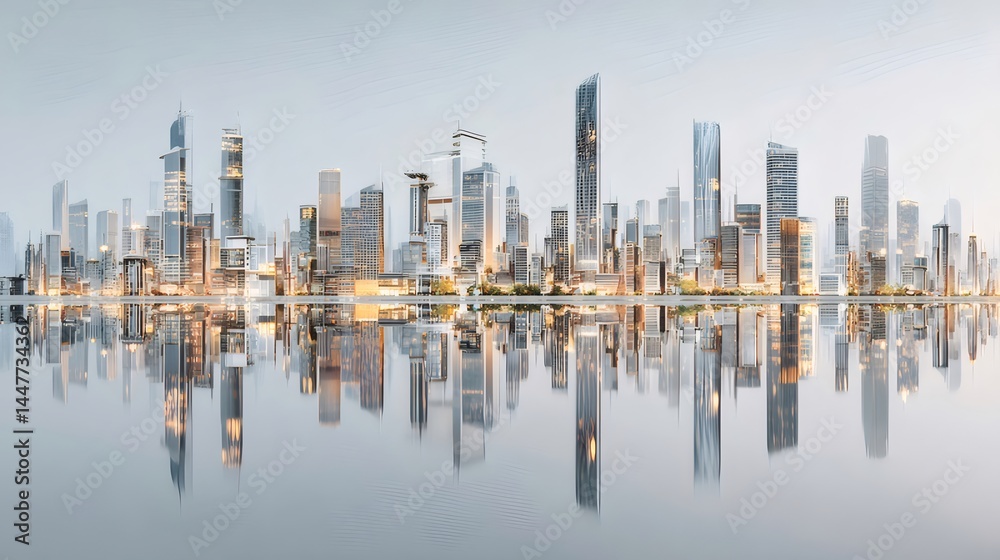 Aufkleber 水面に映る近代的な都市のスカイライン夜景 輝く高層ビルのパノラマビュー 光の反射と美しい建築デザイン