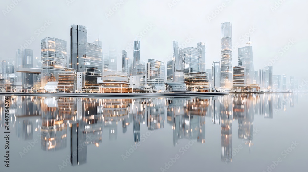 Poster 未来都市の夜景 水面への高層ビルの反射と光の美しい風景 抽象的なデジタルデザイン